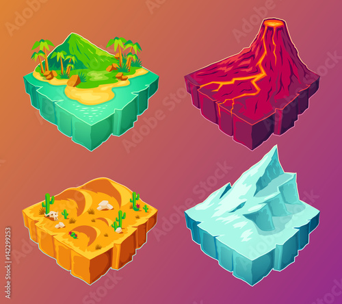 Vector 3D isometric illustration tropical island, volcanic island, desert, ice island, design elements for games
