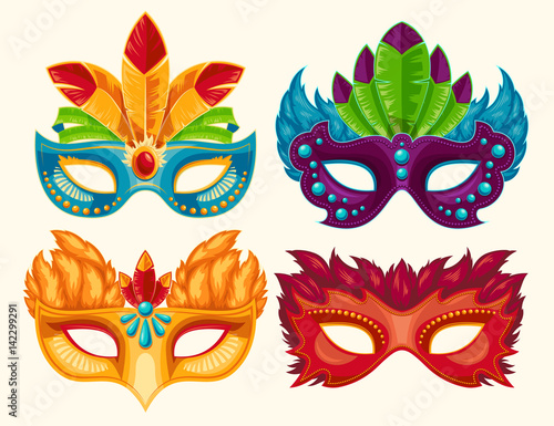 Collection of cartoon illustrations of venetian painted carnival facial masks for a party decorated with feathers and rhinestones isolated on a light background