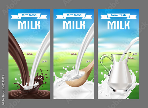 Vector illustration of a set of labels for milk and dairy with milk splash and pouring. Realistic style