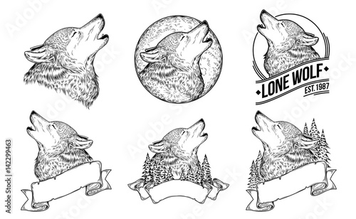 Set vector illustrations of a howling wolves with ribbon, engraving. Print for T-shirts.
