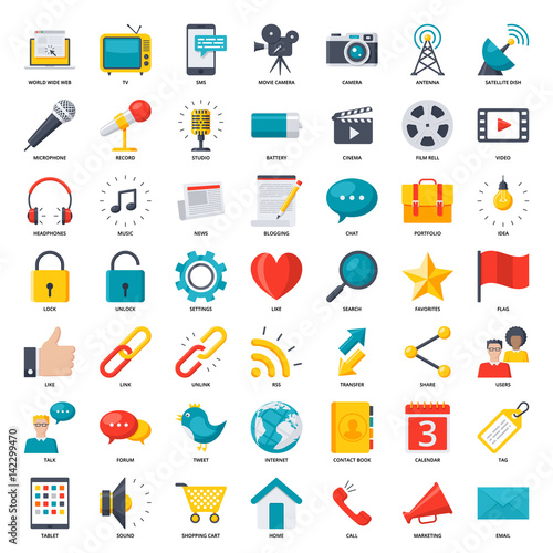 Media and communication icon set, vector illustration in flat style
