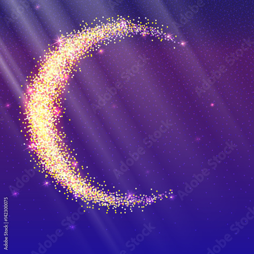 Half of the moon from gold glittering star dust on a colored background. Golden symbol for for flyer, poster or banner. Template with texture for your design or business.