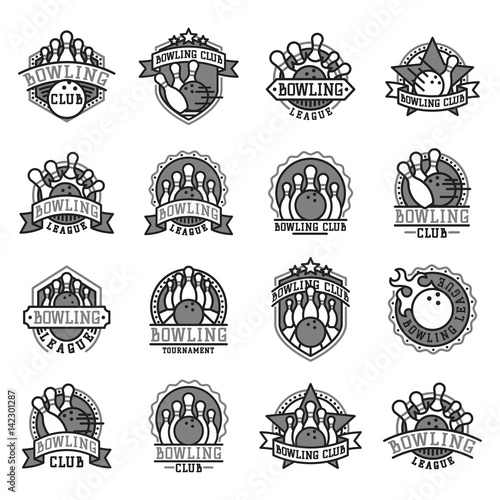 Vector bowling emblem and black white design element logotype template badge item design for sport league teams success equipment champion illustration.