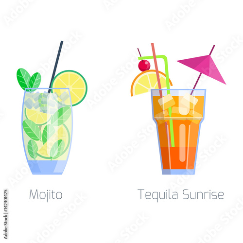 Set of alcoholic cocktails isolated fruit cold drinks tropical mojito freshness and party alcohol sweet tequila vector illustration.