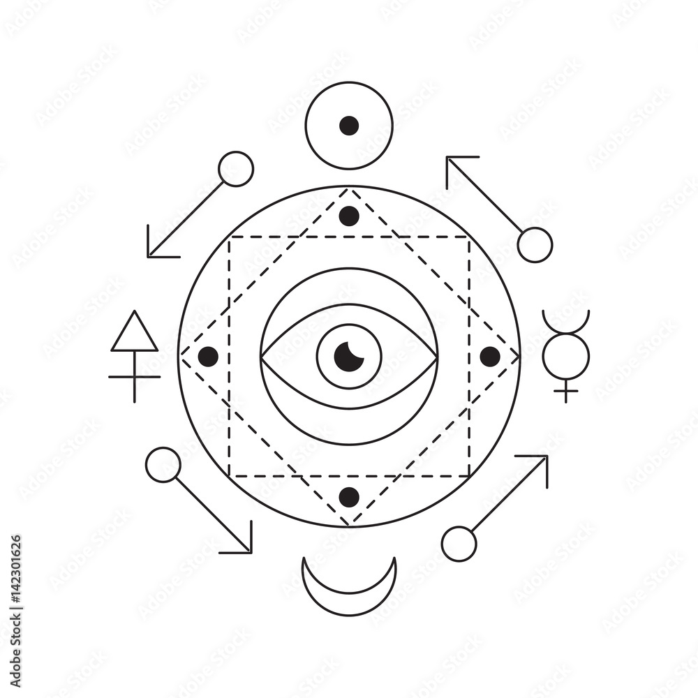 Symbol of alchemy and sacred geometry. Linear character illustration for  lines tattoo on the white isolated background. Three primes: spirit, soul,  body and 4 basic elements: Earth, Water, Air, Fire. Stock Vector |