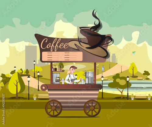 Kiosk, tent or Coffee Shop with coffee maker in park.