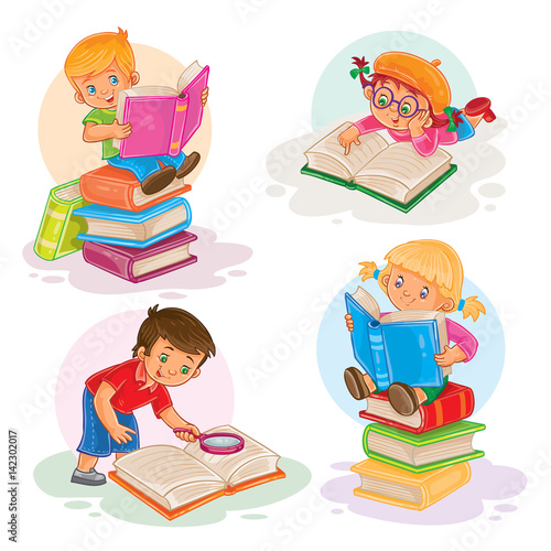 Set of icons of small children reading a book