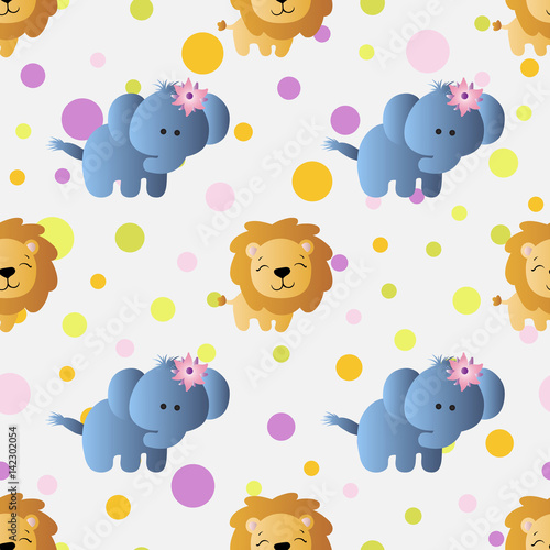 seamless pattern with cartoon cute toy baby elephant, lion and Circles on a light gray background
