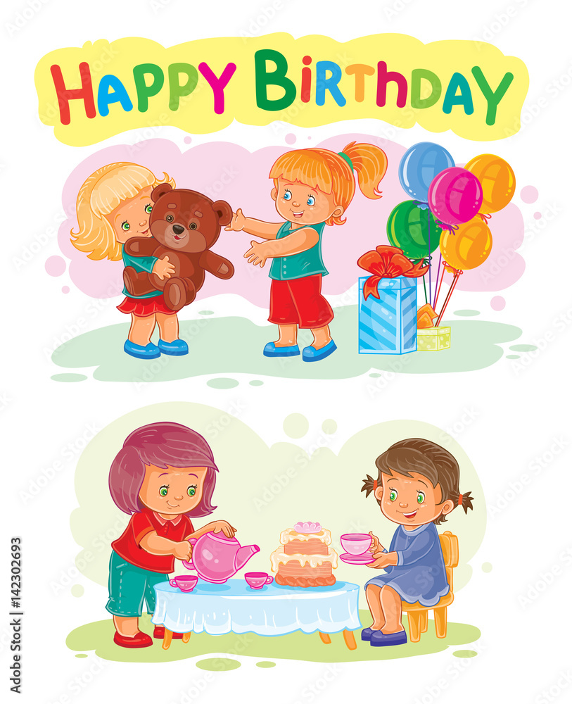 illustration of a little girl opens gifts. Template for Happy Birthday greeting card. illustration of a little girl opens gifts. Template for Happy Birthday greeting card.