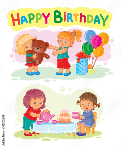  illustration of a little girl opens gifts. Template for Happy Birthday greeting card.