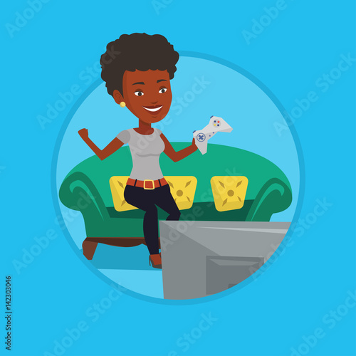 Woman playing video game vector illustration.