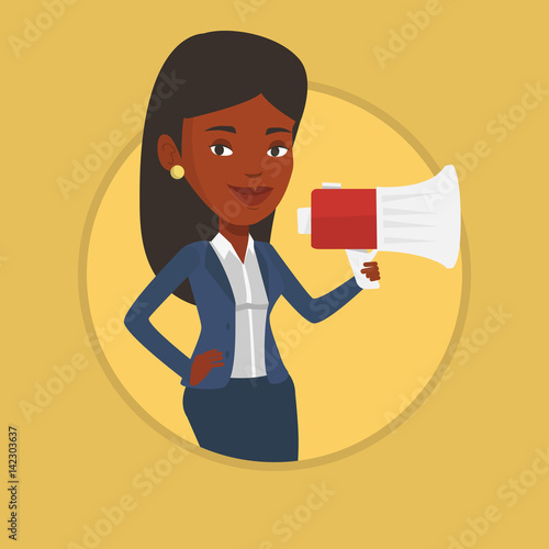 Young woman speaking into megaphone.