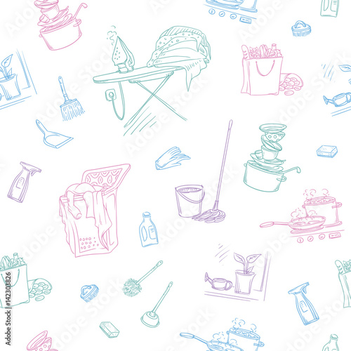 Vector sketch color seamless pattern of objects and situations house cleaning. Unwashed dishes and not ironed linen, items and accessories for cleaning, buy food and cooking.