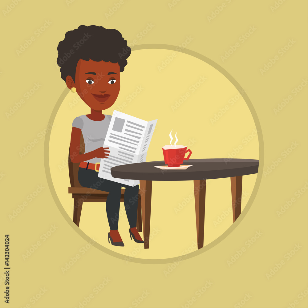 Woman reading newspaper and drinking coffee. Woman reading newspaper and drinking coffee.