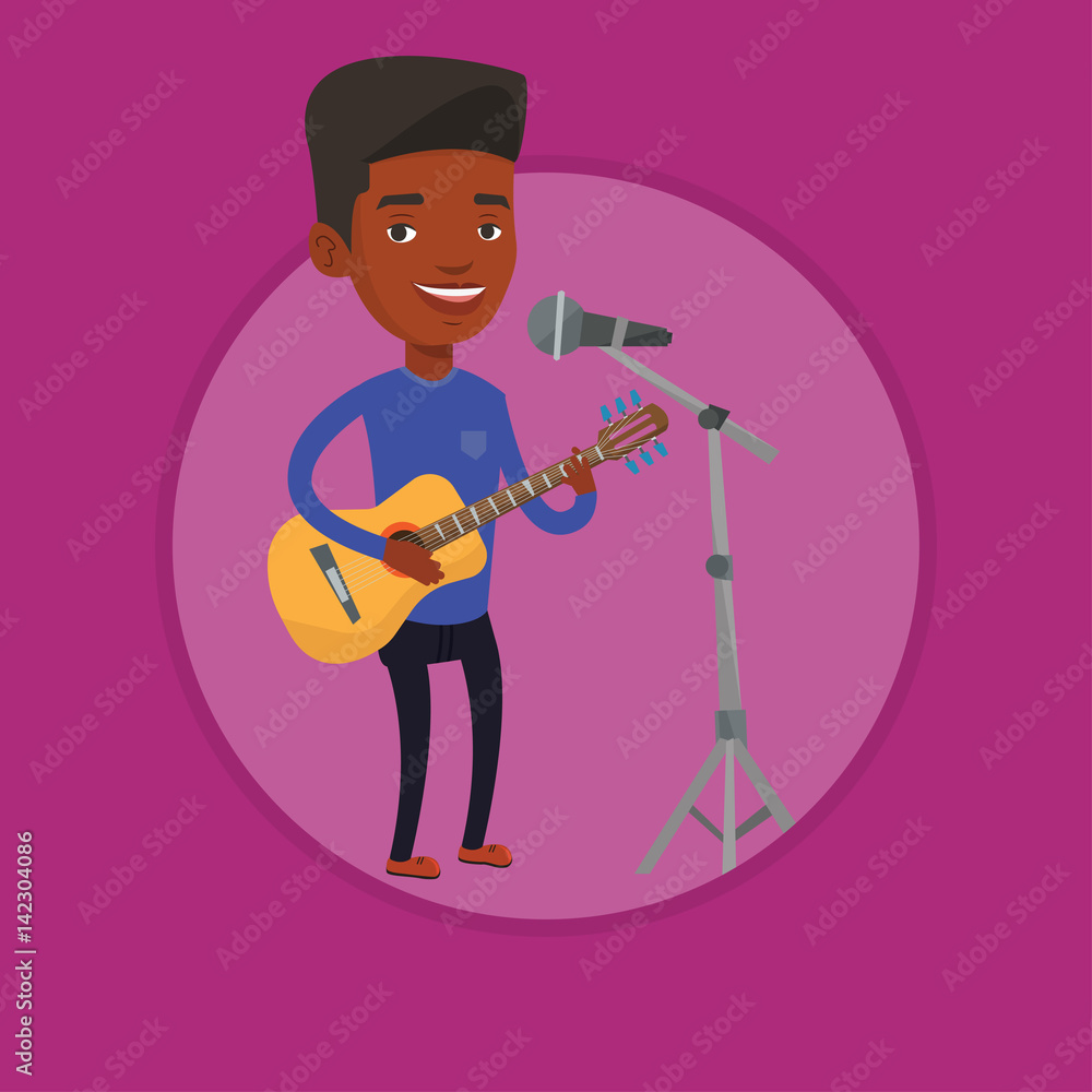 Man singing in microphone and playing guitar. Man singing in microphone and playing guitar.