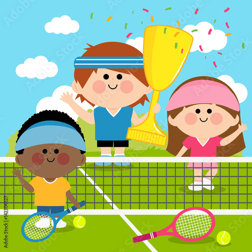 Children tennis players winners holding the championship trophy. Vector illustration