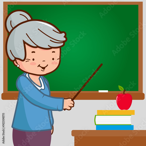 Senior female teacher teaching in the classroom. Vector illustration