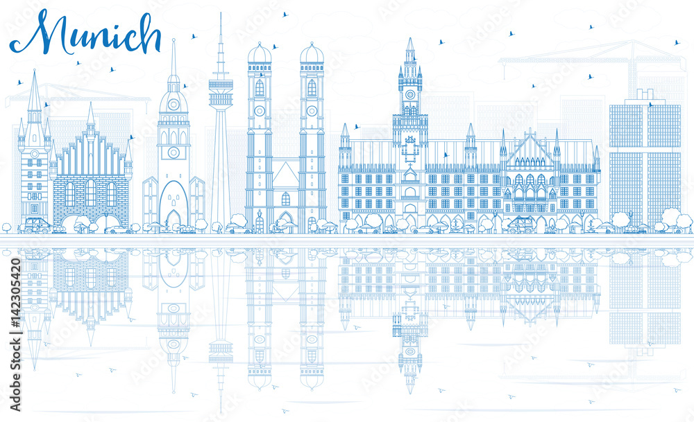 Naklejka premium Zarysuj panoramę Monachium z niebieskimi budynkami i odbiciami.