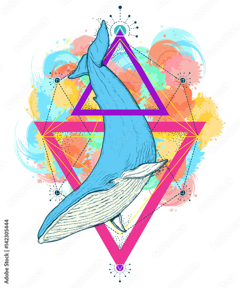 Obraz premium Whale color tattoo geometric style. Travel, outdoors symbol. Mystical symbol of adventure, dreams, t-shirt design