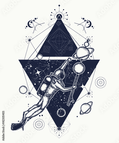 Diver floats in space tattoo art. Astronaut in deep space t-shirt design. Symbol of science, research, space travel. The diver catches planets in space