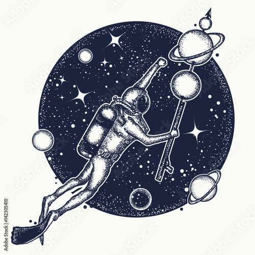  Astronaut in deep space t-shirt design. Diver floats in space tattoo art. Symbol of science, research, space travel
