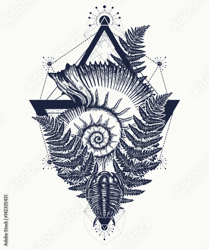 Nautilus shell prehistoric tattoo art. Ancient ammonite in the triangle t-shirt design