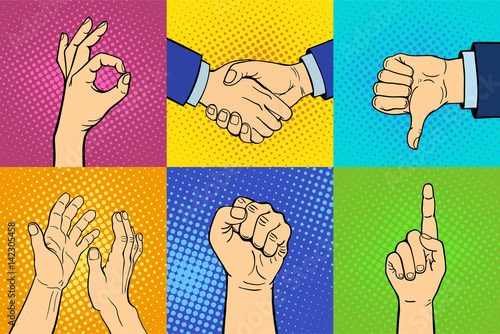 Hands showing deaf-mute different gestures human arm hold communication and direction design fist touch pop art style colorful vector illusstration.