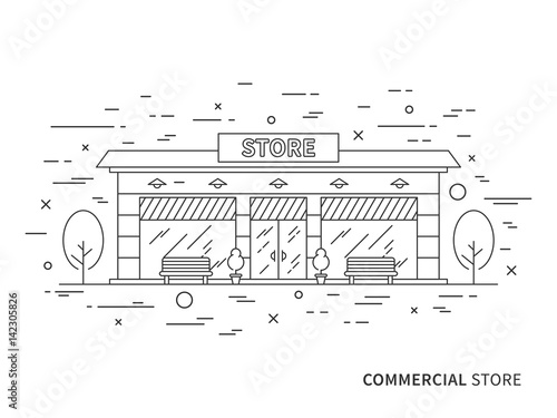 Linear exterior (landscape) design illustration of store (shop) with windows, trees. Outline vector graphic concept of store (shop) exterior (landscape) design.