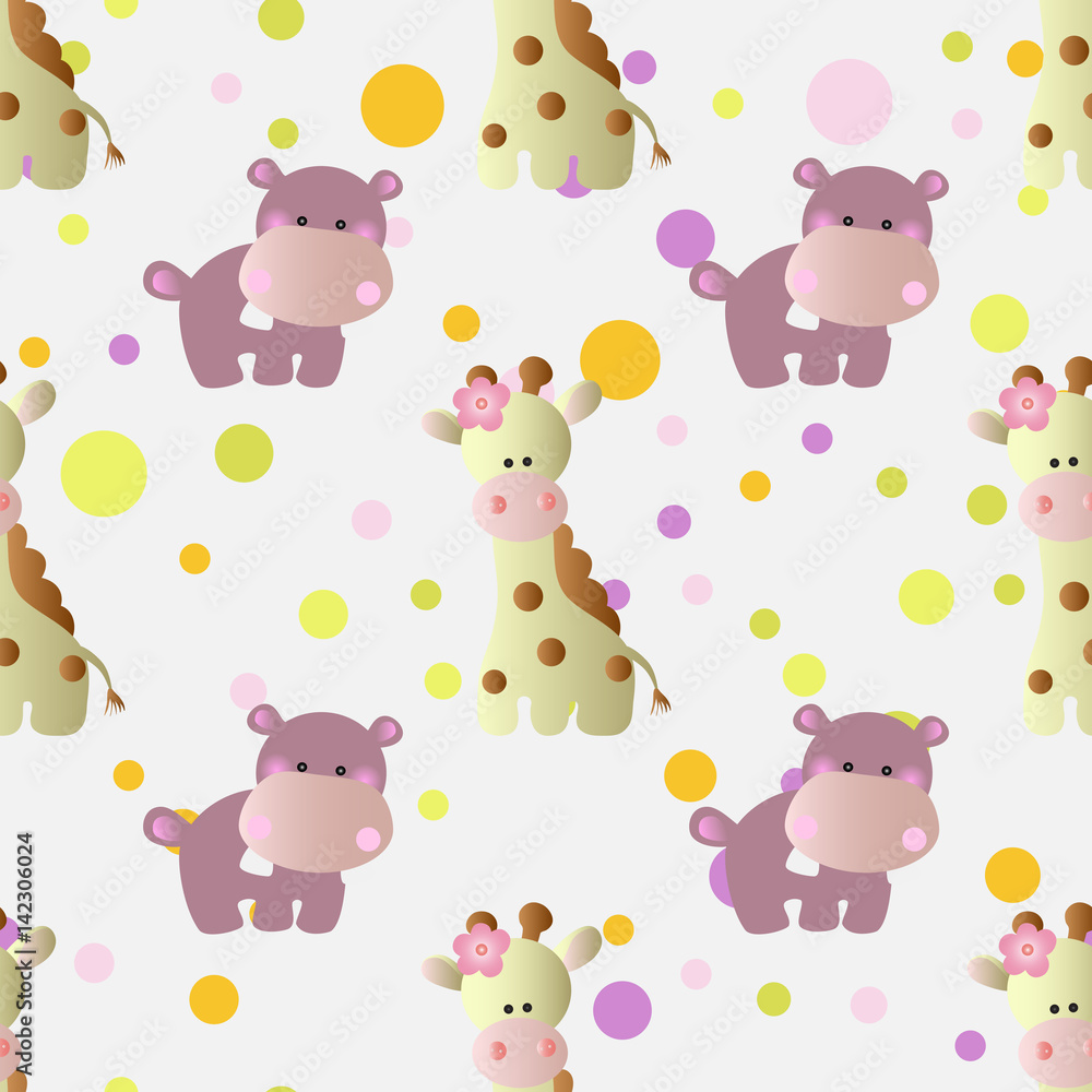 seamless pattern with cartoon cute toy baby behemoth, giraffe and Circles on a light gray background