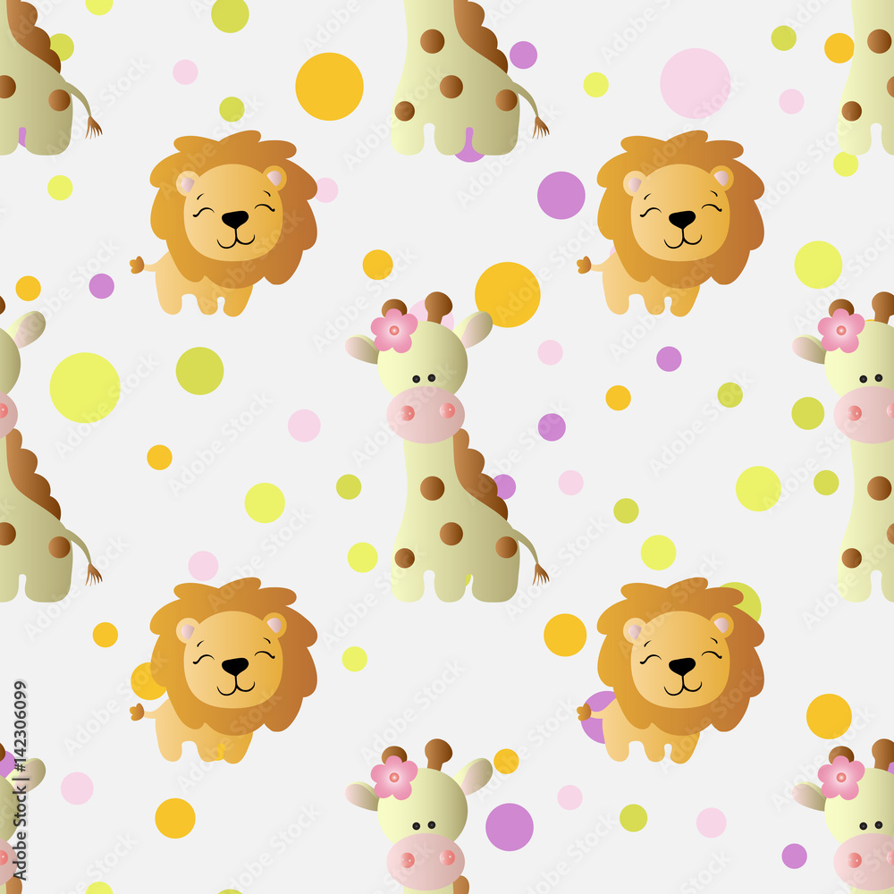 Naklejka premium seamless pattern with cartoon cute toy baby giraffe, lion and Circles on a light gray background