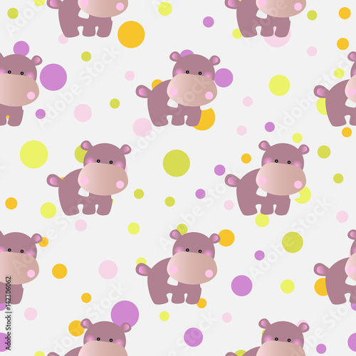 seamless pattern with cartoon cute toy baby behemoth and Circles on a light gray background