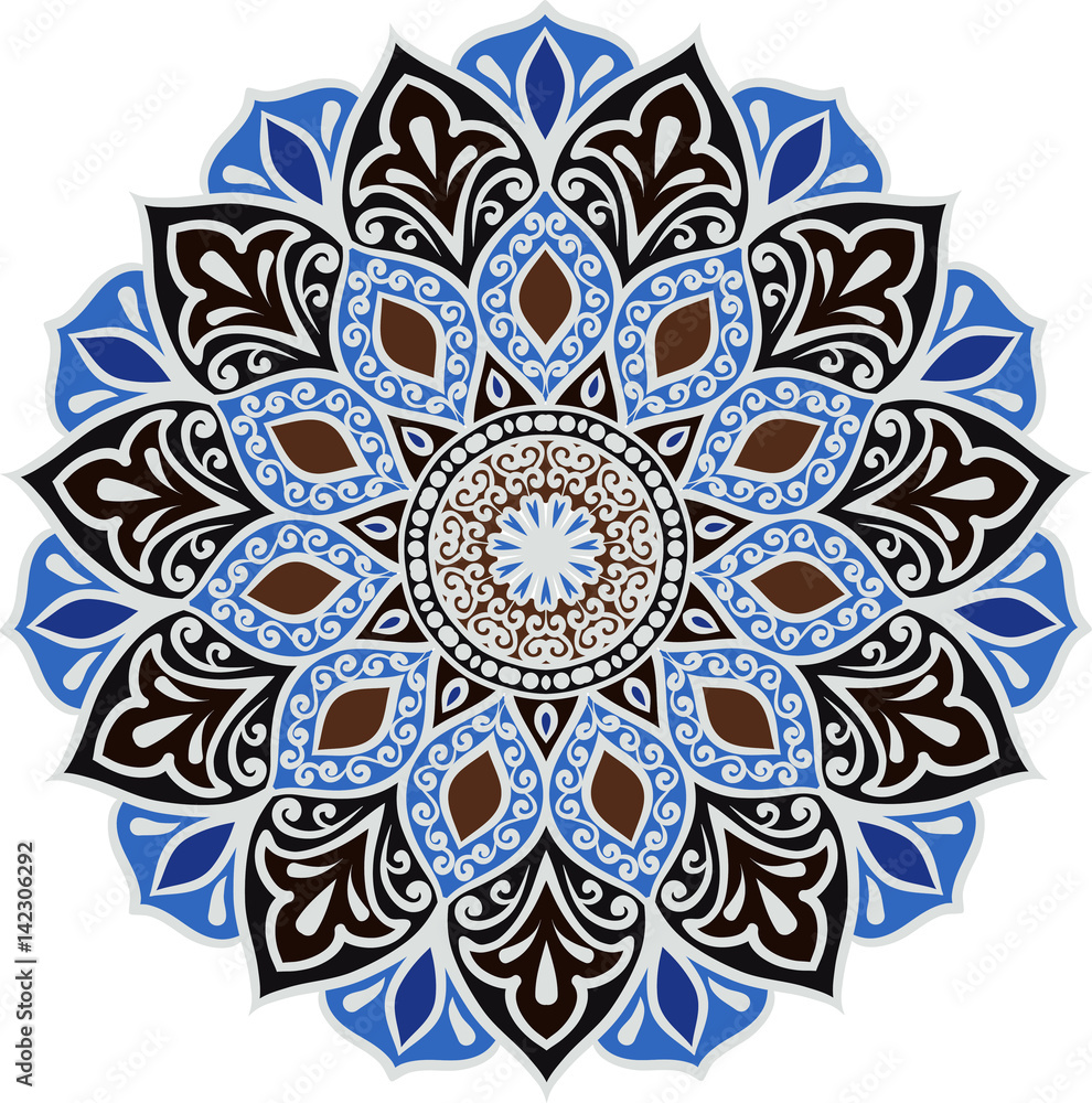 Drawing of a floral mandala in blue, gray and brown colors on a white background. Hand drawn tribal vector stock illustration Drawing of a floral mandala in blue, gray and brown colors on a white background. Hand drawn tribal vector stock illustration
