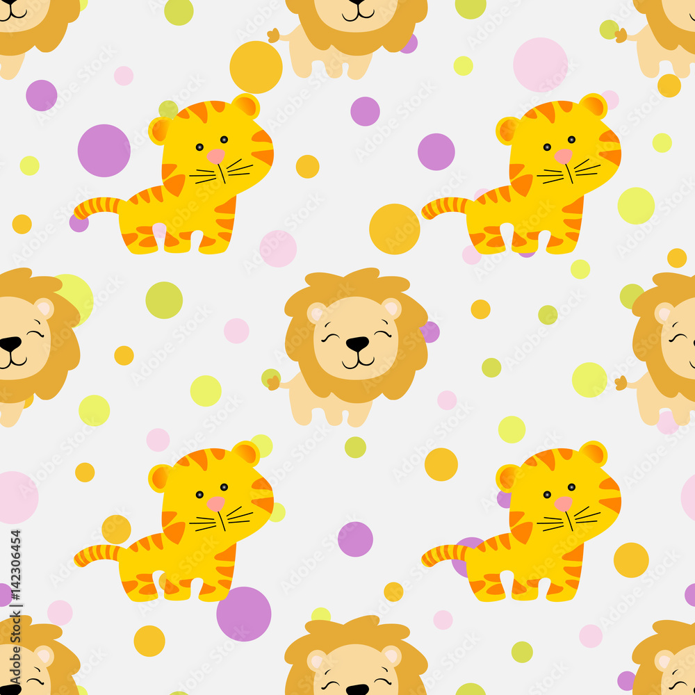 Obraz premium Drawing of a seamless pattern with cute african tiger and lion in cartoon style and multicolored circles on a light gray background