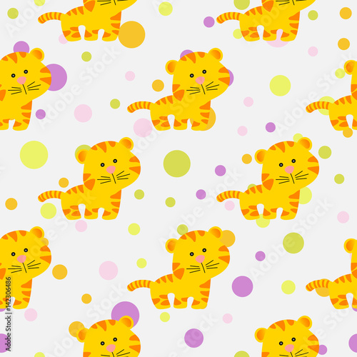 Fototapeta Naklejka Na Ścianę i Meble -  Drawing of a seamless pattern with cute african tiger in cartoon style and multicolored circles on a light gray background