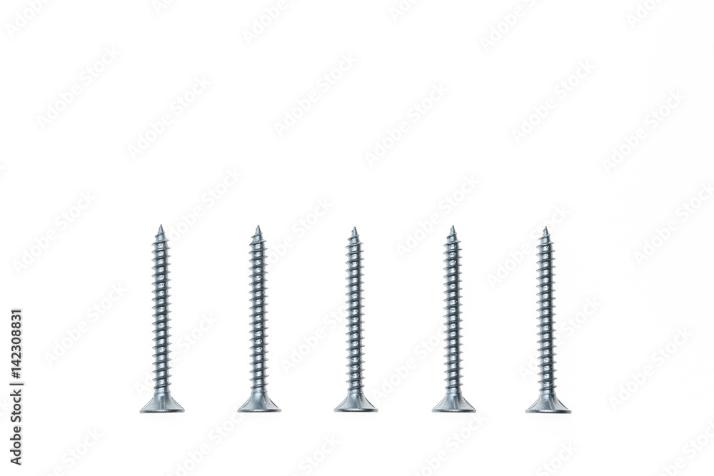 row of silver metal screws isolated on white background row of silver metal screws isolated on white background