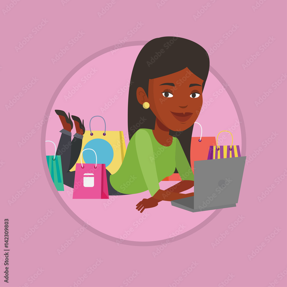 Woman shopping online vector illustration.