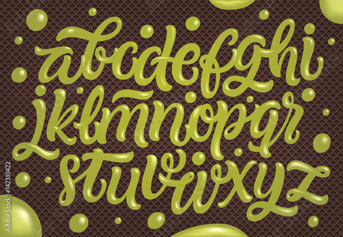 Homemade pistachio ice cream typography alphabet isolated on chocolate wafer background. Vector hand lettering for sweet food packaging.