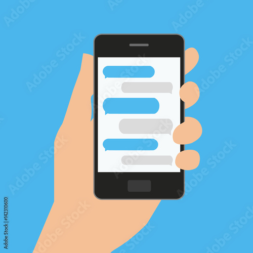 Hand holds smartphone with messaging sms app. Vector illustration in flat style