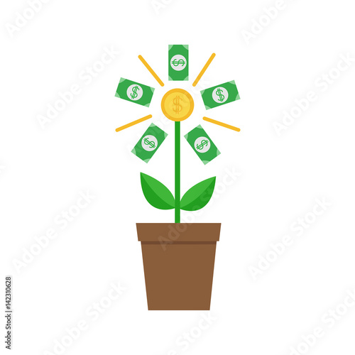 Growing paper money tree shining coin with dollar sign Plant in the pot. Financial growth concept. Successful business icon. Flat design. White background. Isolated.