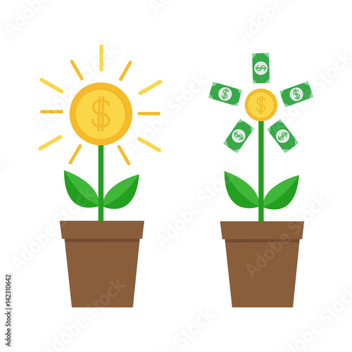 Growing paper money tree shining coin with dollar sign set. Plant in the pot. Financial growth concept. Successful business icon. Flat design. White background. Isolated.
