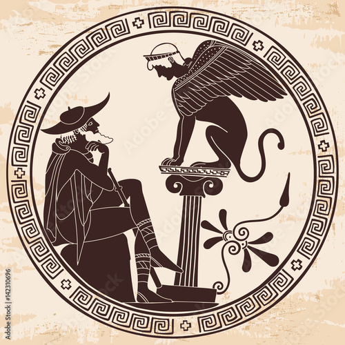 Vector illustration in ancient Greek style. Mythical plot is King Oedipus and Sphinx.
