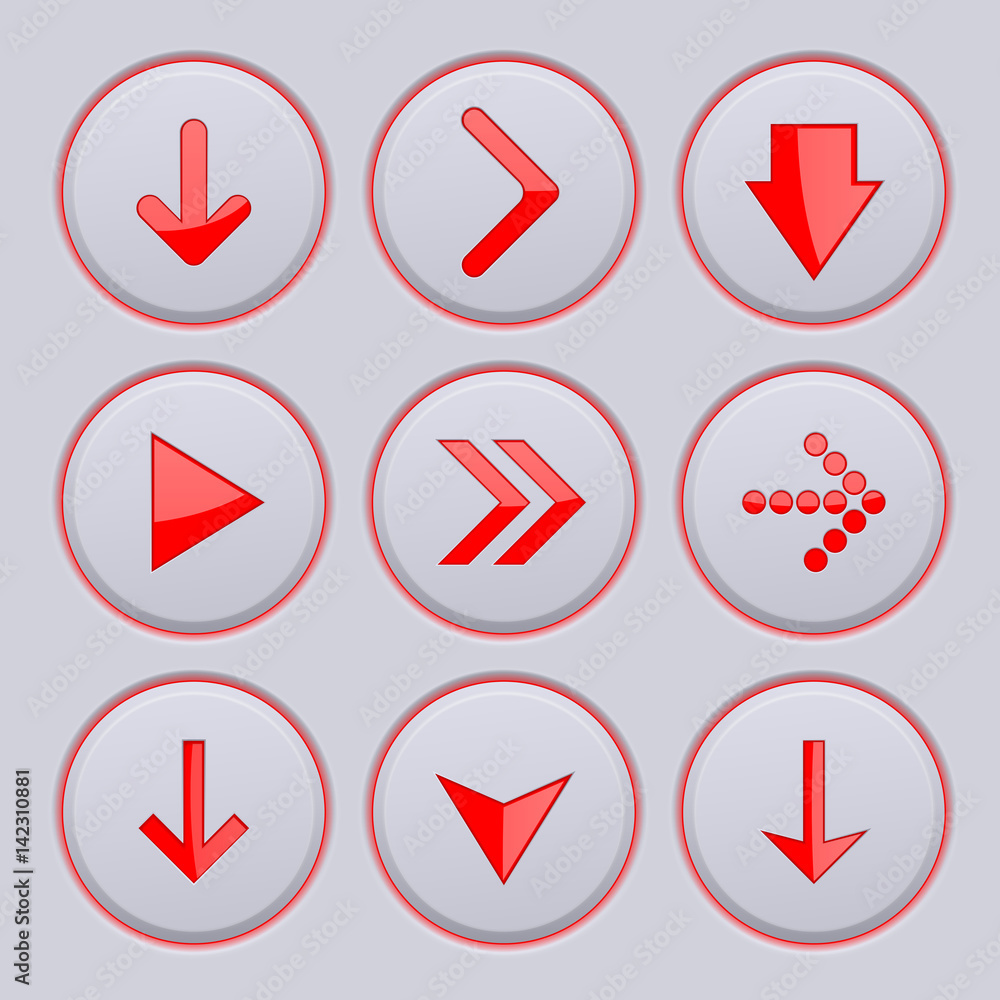 Red arrows on gray buttons. 3d icons set Red arrows on gray buttons. 3d icons set