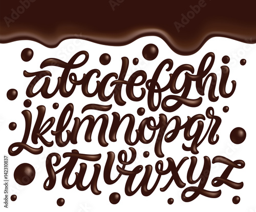 Latin alphabet made of dark melted chocolate with border. Sweet food packaging font. Liquid font style. Vector illustration.