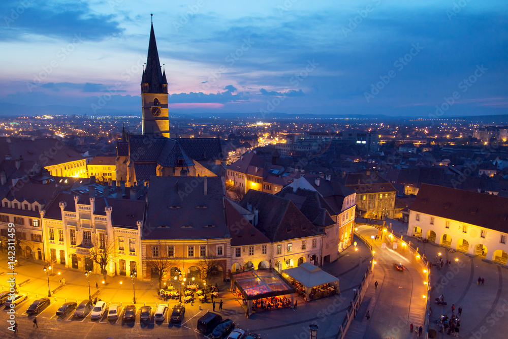 Sibiu / Hermannstadt - Romania, seen from above, at blue hour