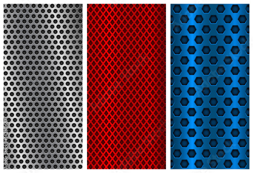 Metal perforated backgrounds. Red, blue and silver flyer templates