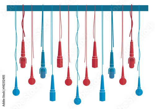 Microphones vector set in a flat style white isolated. Creative concept to illustrate an reportage, interview, karaoke, song, music. Red and blue microphones.