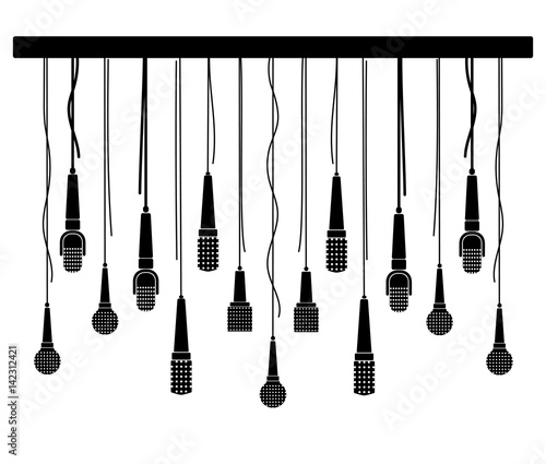 Microphones vector set in a flat style white isolated. Creative concept to illustrate an reportage, interview, karaoke, song, music. Speaker symbol. Black silhouette.