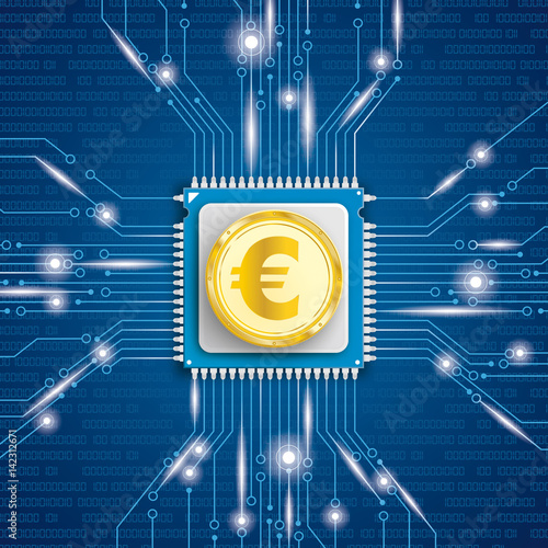 Goldene Euromünze auf einem Prozessor