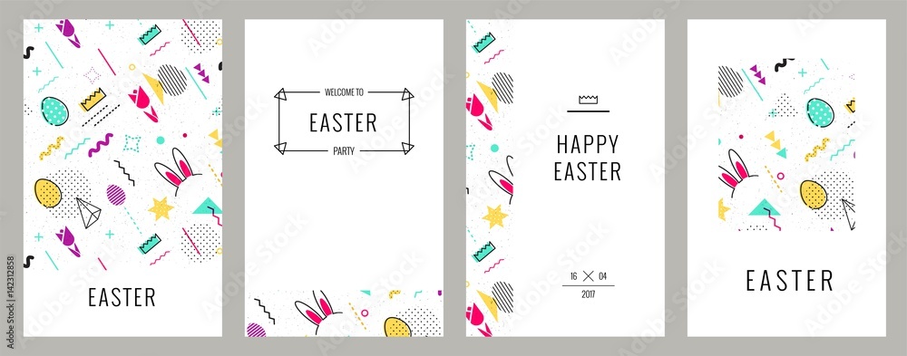 Trendy geometric elements memphis cards. Happy Easter invitation cards in 80s, 90s memphis style with holiday symbols. Vector illustration
