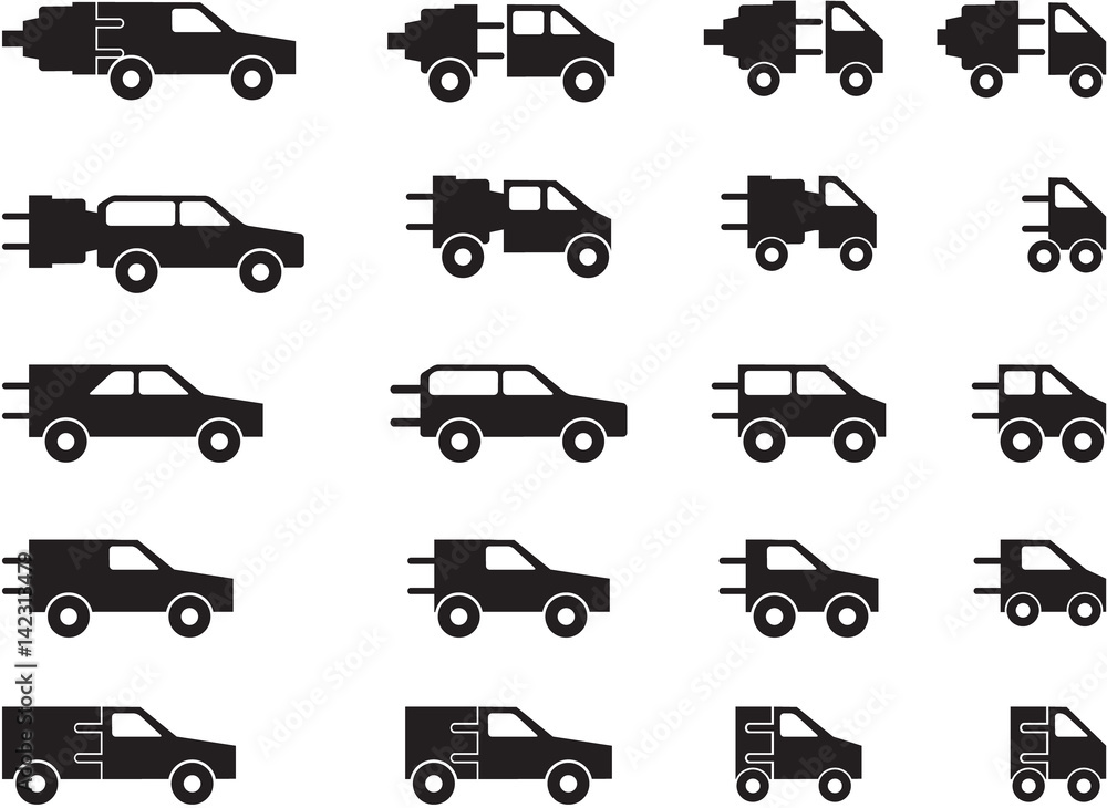 set of electro car pictograms in black and white